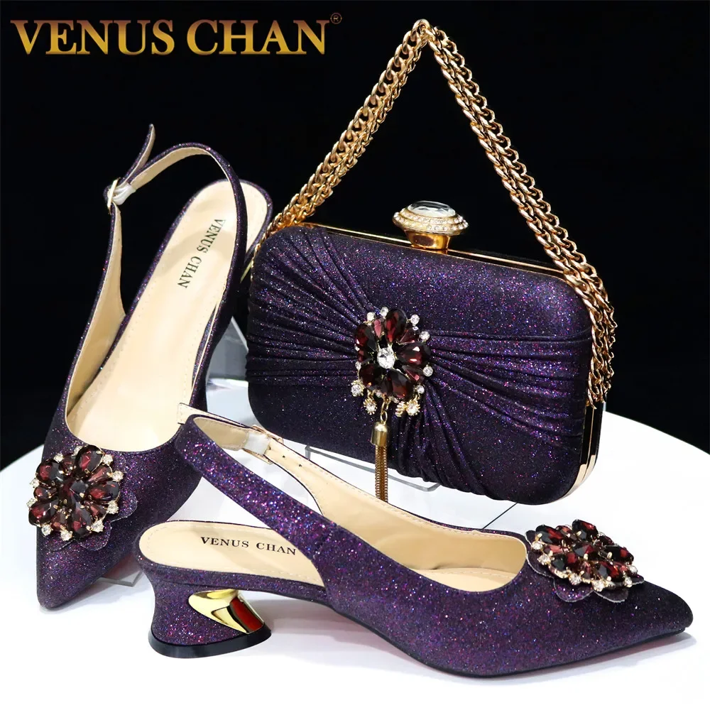 Daily Wear 2024 Ltalian Design D.Purple Color Rhinestones Decoration Pointed Toe High Heels Party Ladies Shoes Bag Set