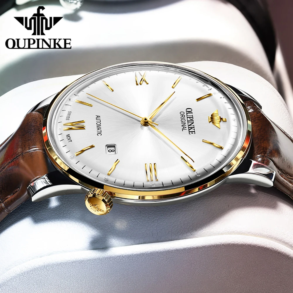 OUPINKE Swiss Automatic Mechanical Man Watch 3269 Leather Strap Ultra Thin 7.3 mm Sapphire Mirror Original Wrist Watches for Men