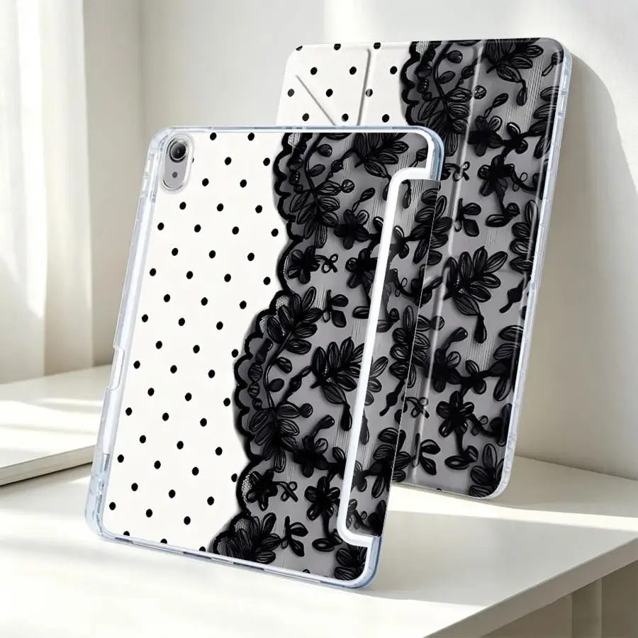 Black Lace Print With Pen Slot Cover Tablet Case For iPad Air 8 M2 M3 3 11th 12th 10th Gen Pro 13 2025 2026 9th Mini 7 6 5