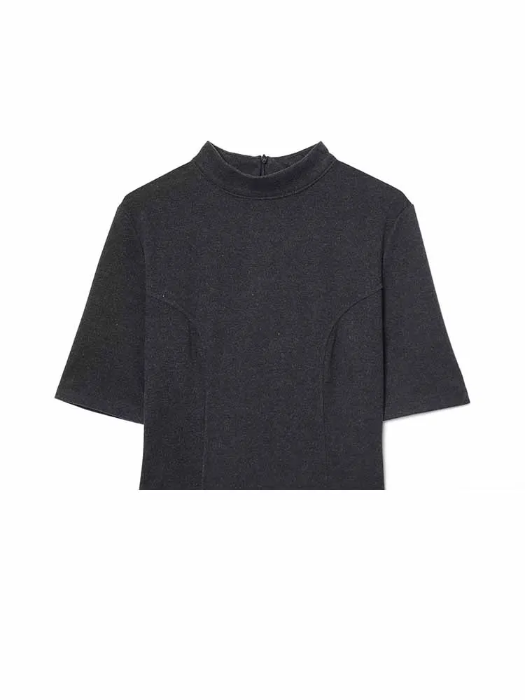 Hh mulher início da primavera moda cinto decoração mangas curtas cor sólida fino ajuste vestido macio feminino elegante versátil vestido longo