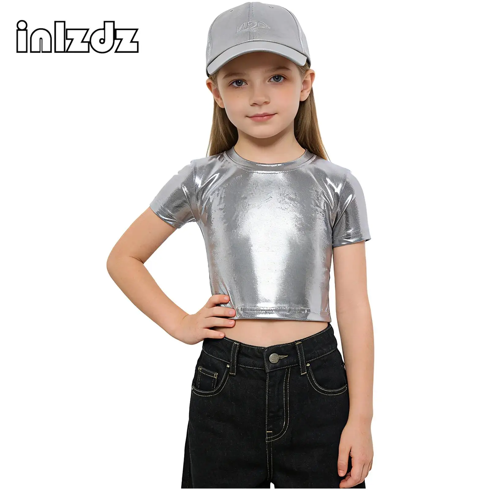 

Kids Girls Hip Hop Jazz Dance Stage Performance Costume Round Neck Short Sleeves Ruched Metallic Crop Tops Competition Costume