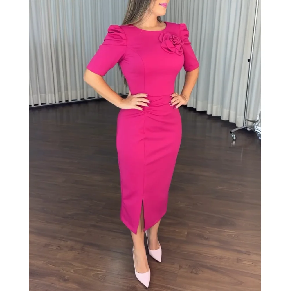 พัฟแขนBodyconชุดราตรียาวElegantชุด 3Dดอกไม้ตกแต่งRobe Longue Femme HemแยกMidiชุด