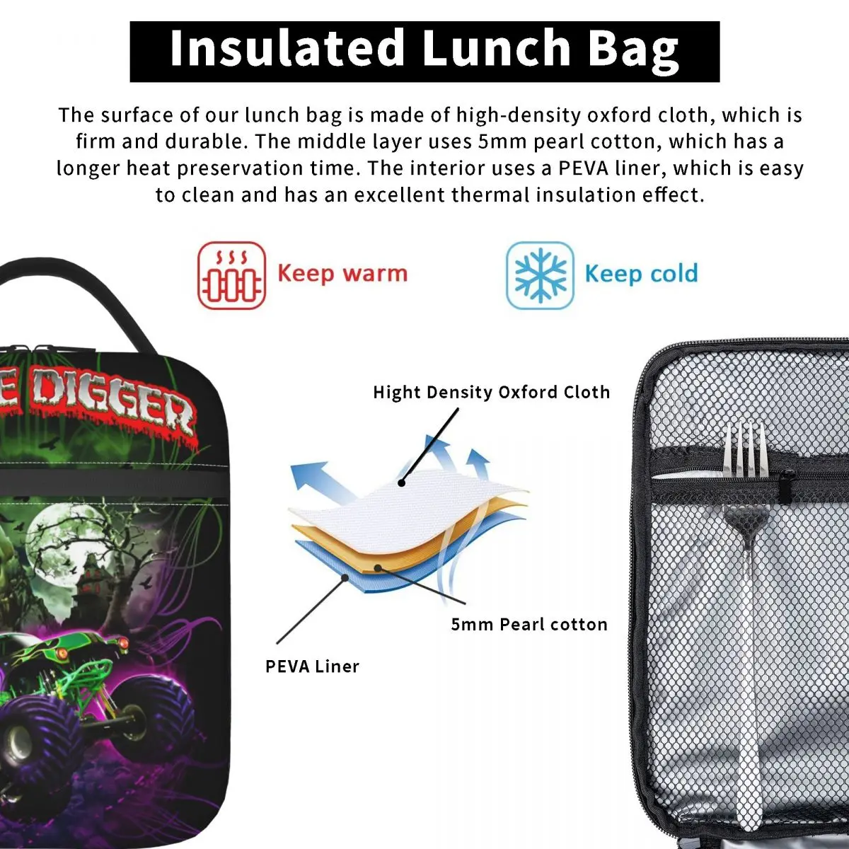 Grave Digger-Monster Jam Trucks Insulated Lunch Bag Cooler Bag Reusable Lunch Container Portable Tote Lunch Box Food Handbags