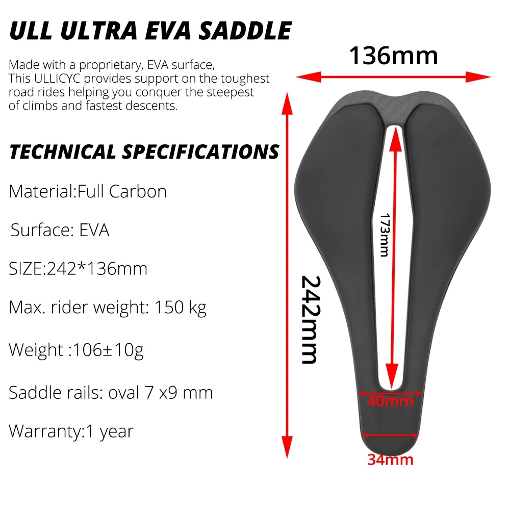 ULLICYC 136x242mm Carbon Shell EVA Bicycle Saddle, Hollow Comfortable Breathable MTB/Road Racing Bike Cushion,Carbon Rail7x9mm,