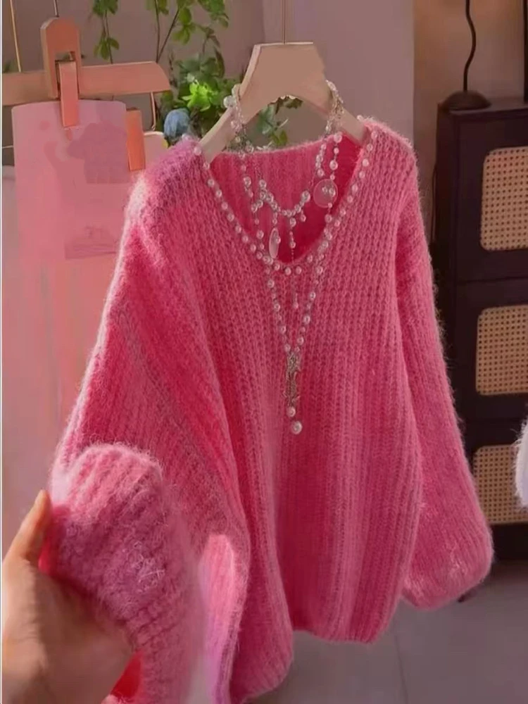 Thiened V-Ne Women's Knitted Sweater Loose Fit Comfortable Sle Korean Version Autumn Winter New Arrival Slimming Effect