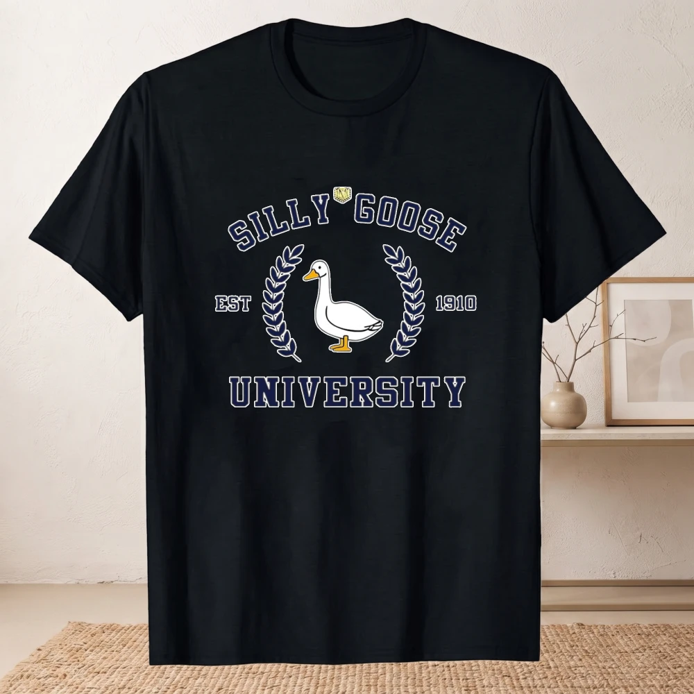 Silly Goose University Vintage Varsity Graphic T-Shirt Goose Laurel Wreath Letter Print Funny Animal Unisex Casual Cotton Tops