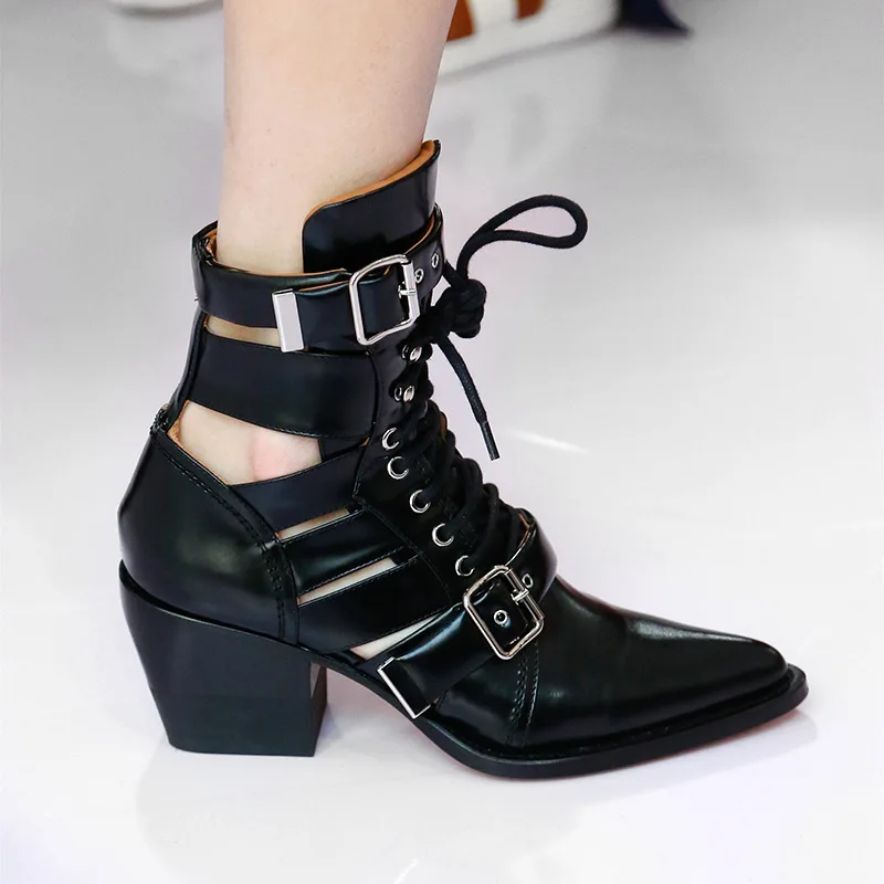 

Chunky Heels Pointed Toe Retro Dress Party Runway Shoes Cut-outs Chunky Heels Ankle Boots Belt Buckle Strap Summer Chelsea Boots