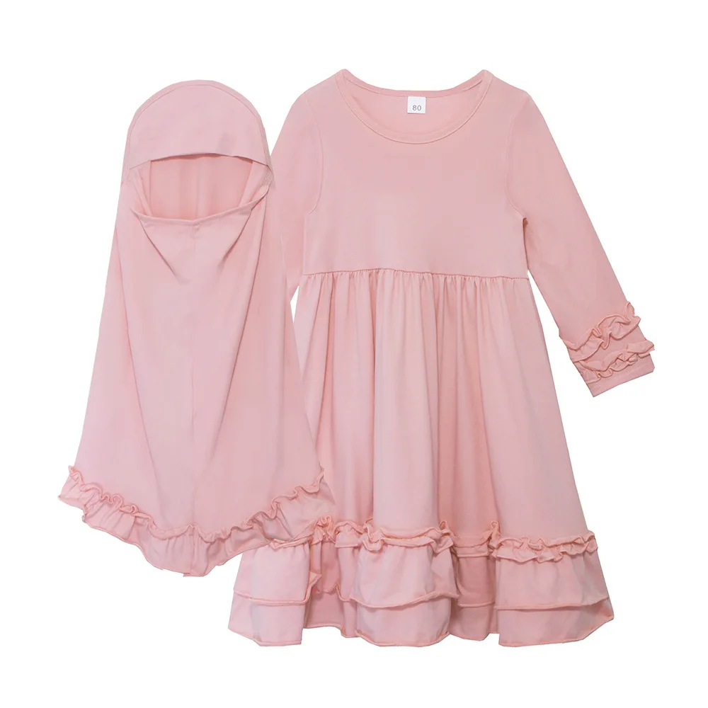 

Рамадан Kebaya комплект из 2 предметов для девочек, мусульманская одежда Абая, платье с длинными рукавами, хиджаб, детские абайи для девочек, Дубай, химар, халат на голову