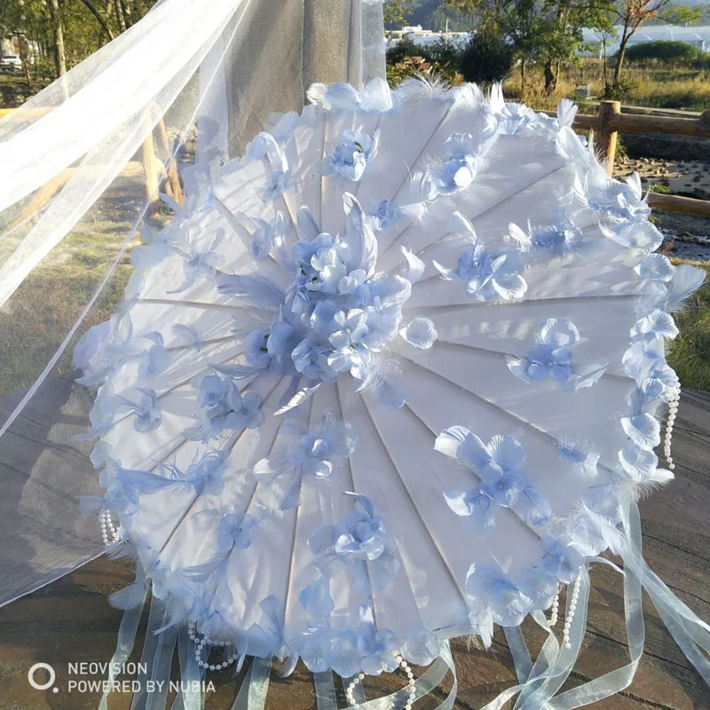 Blue Wedding Lolita Hanfu Costume Ribbon Bead Feather Oil Paper Props Chinese Umbrella Parasol Guarda Chuva Parapluie