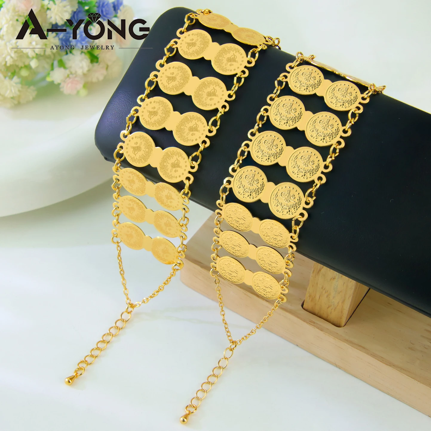 Turkish Coins Bracelet 21k Gold Plated Luxury Saudi Punk Wrap Bangles Arab Dubai Women Wedding Engagement Party Jewelry