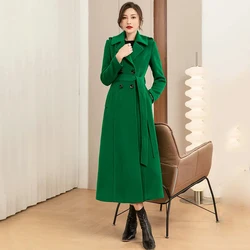 New Women Autumn Winter Green Woolen Overcoat Elegant Fashion Suit Collar Double Breasted Long Slim Wool Blended Coat With Belt