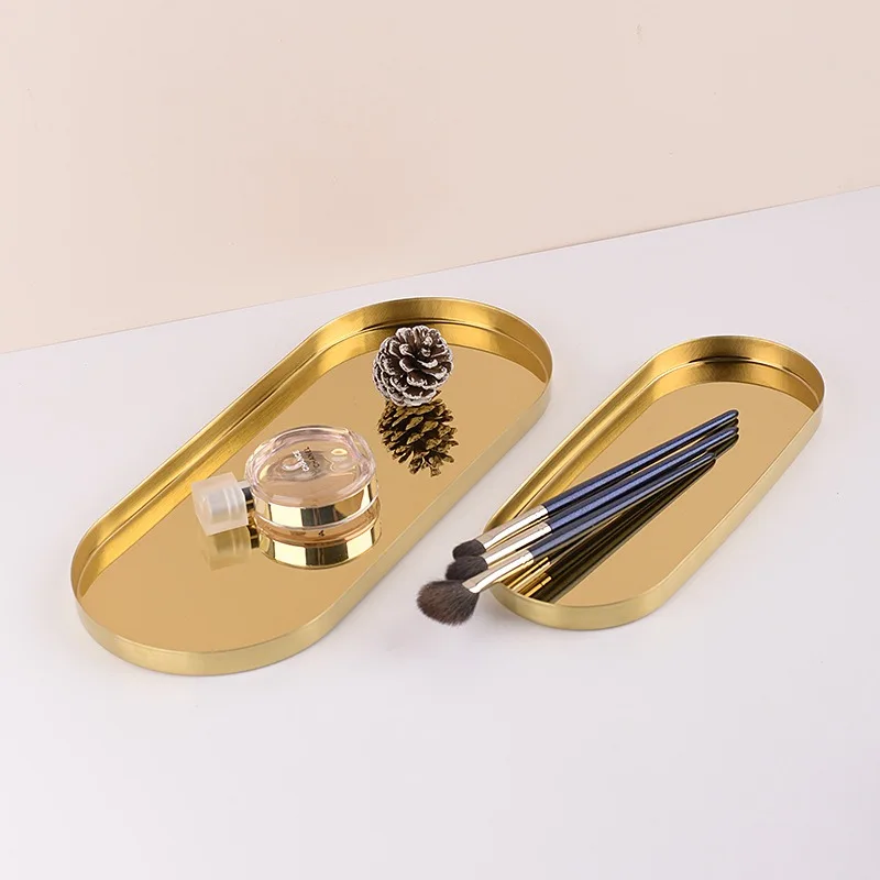Stainless Steel Storage Tray Golden Oval Light Luxury Jewelry Cosmetic Storage Plate Swing Home Decoration