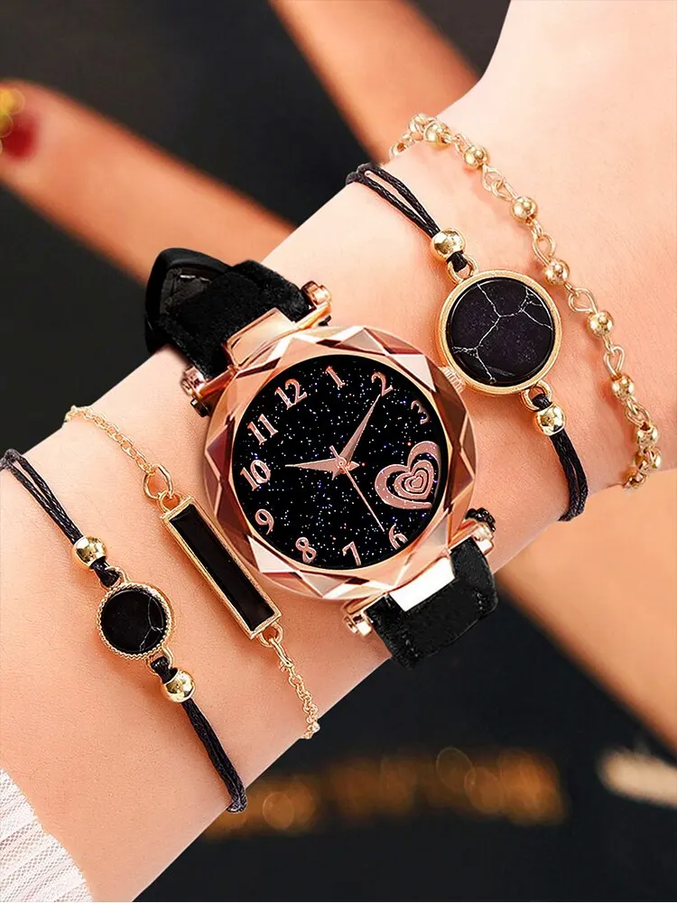 5pcs Women's Starry Sky Love Digital Scale Black Belt Quartz Watch+Bracelet Combination Set