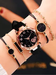 5pcs Women's Starry Sky Love Digital Scale Black Belt Quartz Watch+Bracelet Combination Set