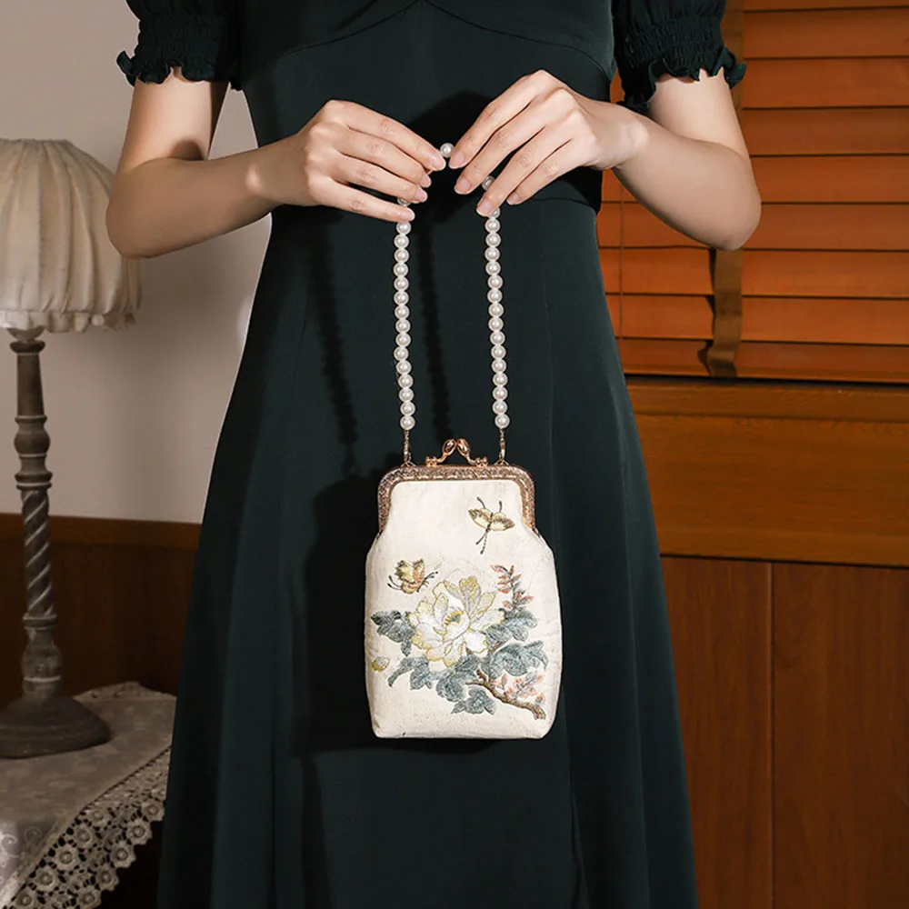 

Retro Chinese Style Embroidered Handbag Clip Clutch Dinner Party Purse Pearl Chains Metal Lock Beaded Evening Shoulder Bag Sac