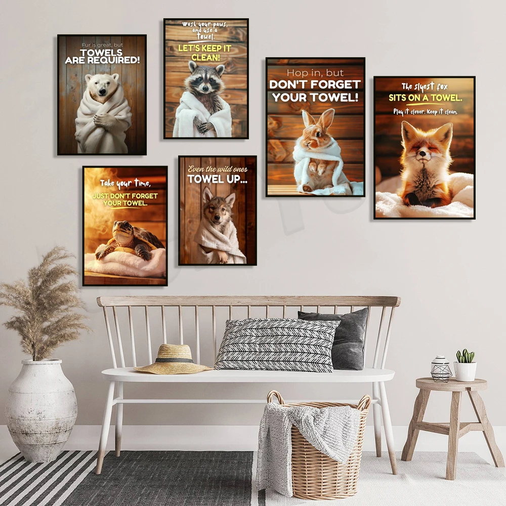 Polar bear, turtle, rabbit spa print, don't forget to bring towel, funny spa rules, sauna etiquette, keep clean, animal poster