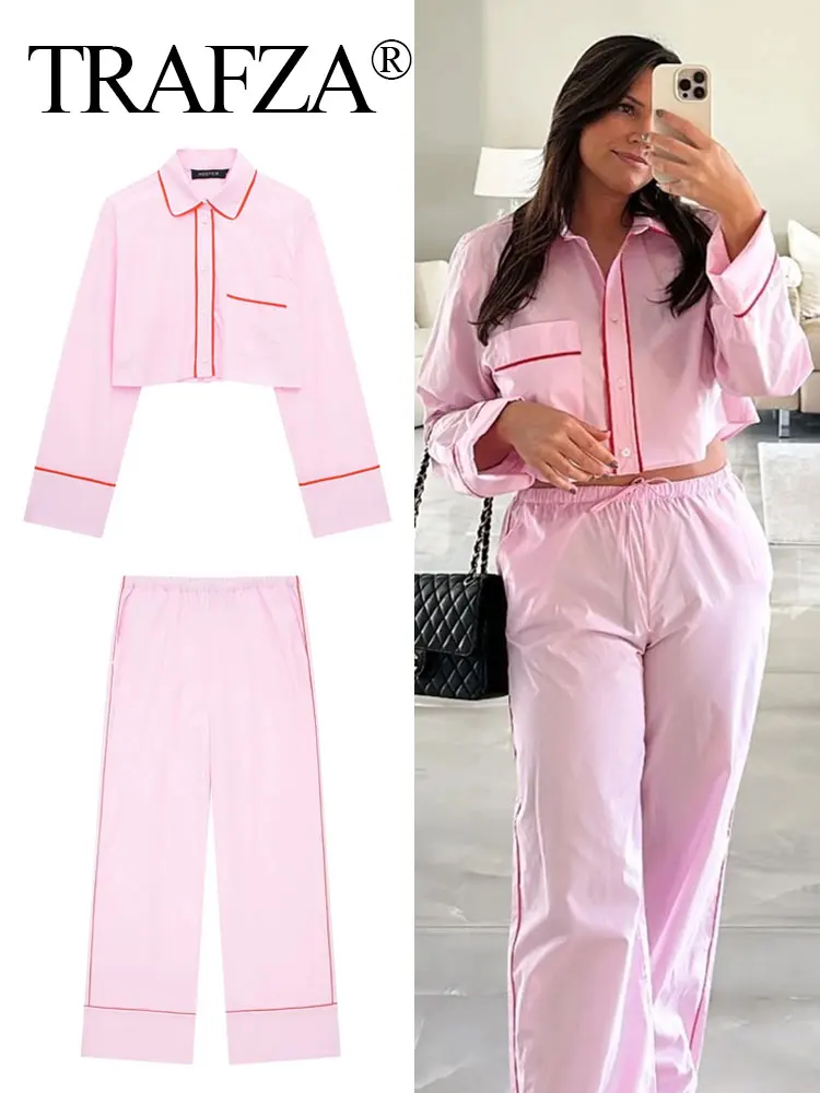 TRAFZA Women Fashion Pink Suit Long Sleeve Shirts High Waist Wide Leg Pants 2024 Spring Summer Female Streetwear Trousers Sets