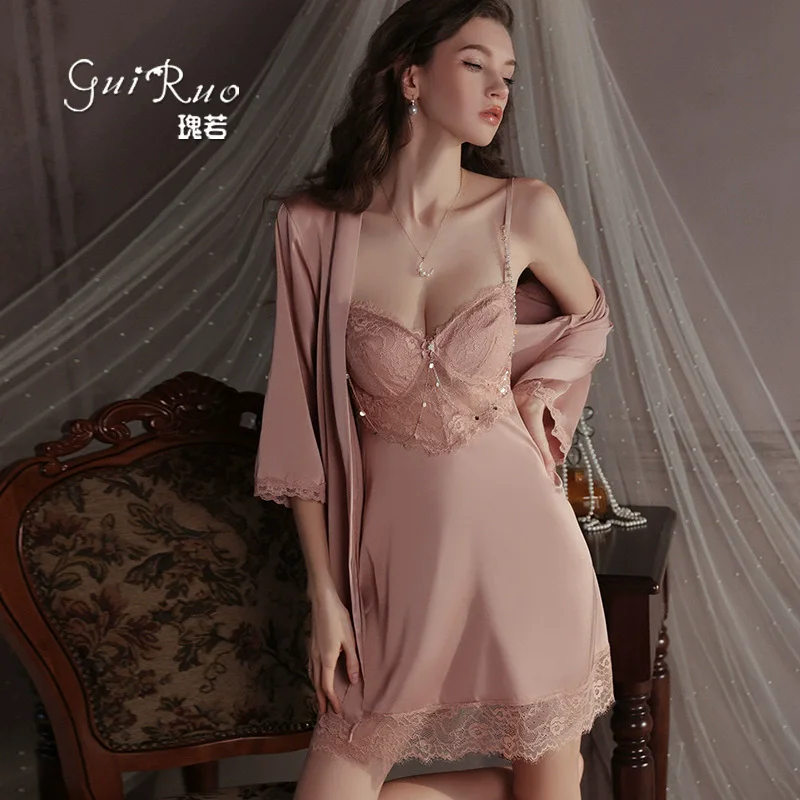

White Lace Nightgown Women Satin Sleepwear Bride Wedding Bathrobe Gown Sexy Sleepwear Lady's Rayon Homewear Kimono Lingerie