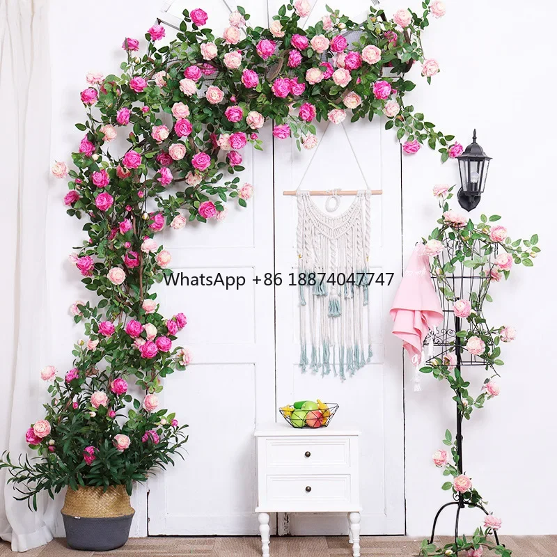 

Wholesale betterlove Pink Rose Peony Silk Vine Garland Home Shop Christmas Decoration Hanging Artificial Flower Wall Design