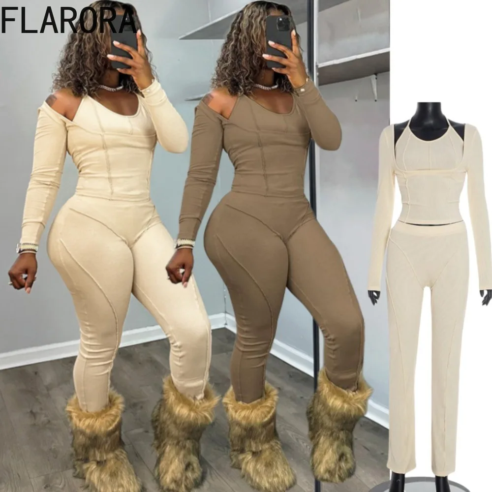 

FLARORA Fall Casual Rib Knit 3 Pcs Set Woman Solid Color Halter Vests+Square Collar Tops+Pants Outfits Female Street Tracksuits