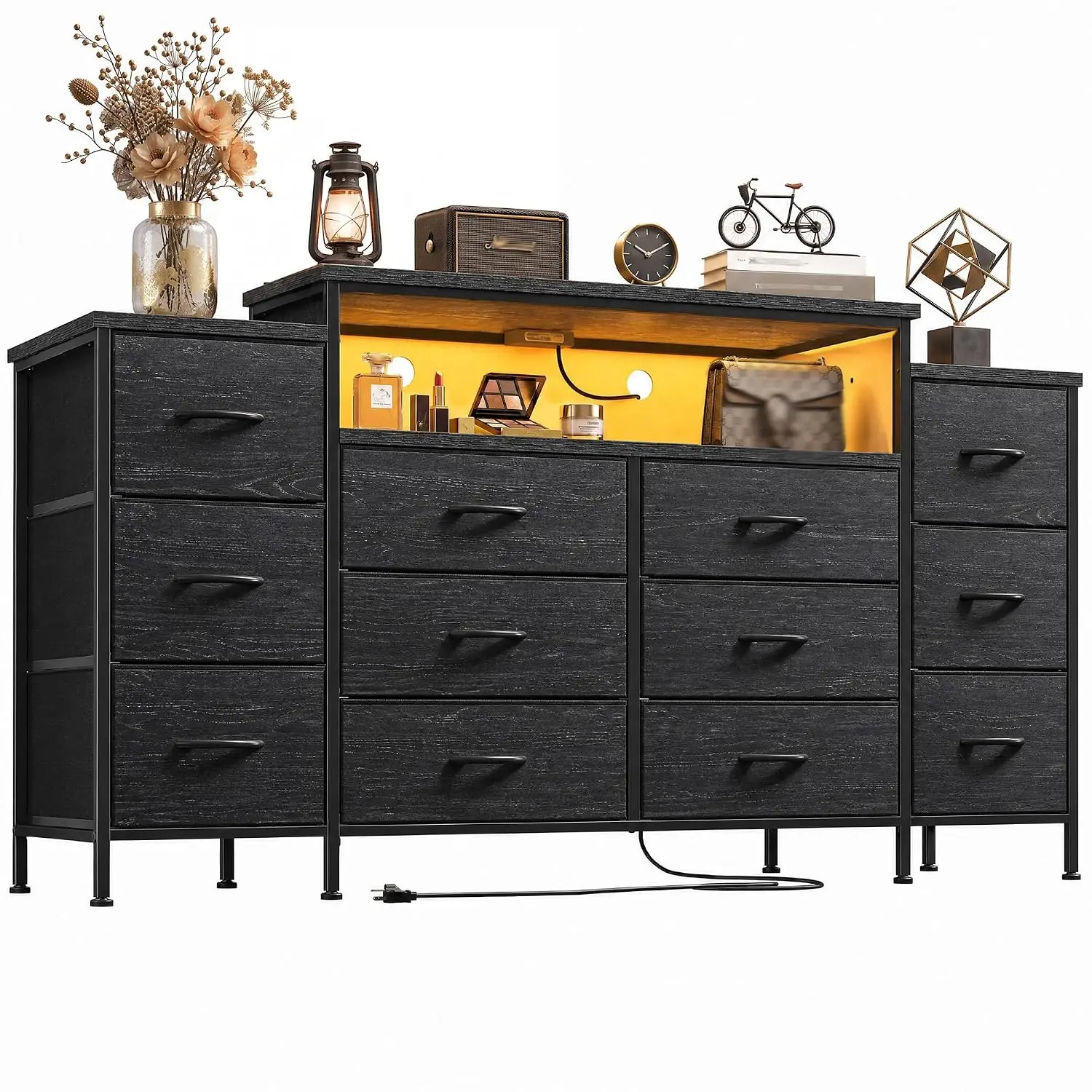12-Drawer Dresser with LED Lights & Charging Station, TV Stand for 65 Inch TV, Customized