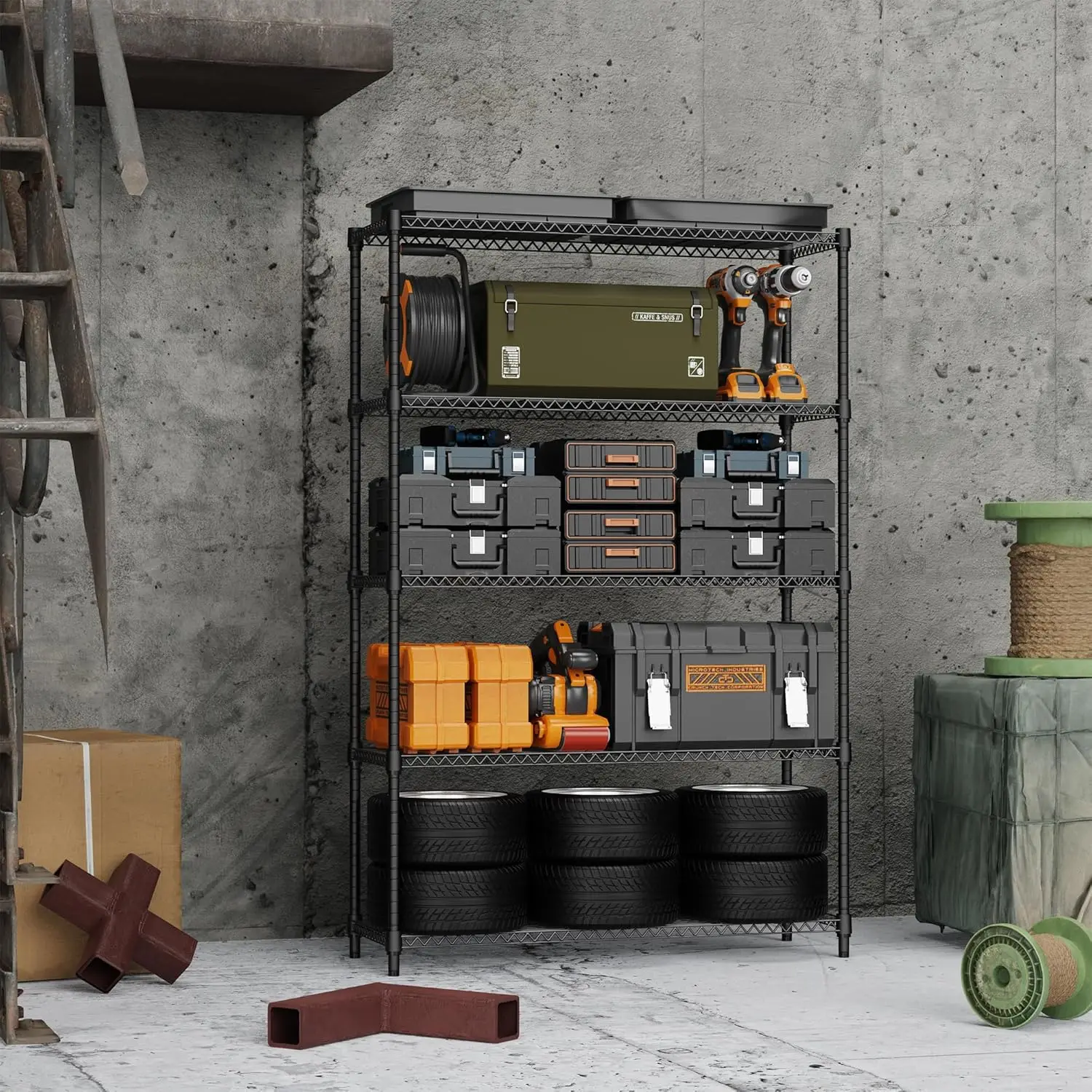 Ripiano portaoggetti in metallo resistente a 5 livelli, capacità 1750 libbre, altezza regolabile per garage dispensa cucina