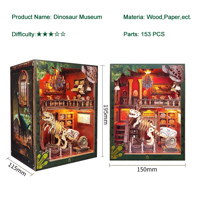 Coin de livre à monter soi-même, Kits de modèles miniatures en bois, musée des dinosaures, serre-livres Casa, Puzzle 3D avec bibliothèque légère, cadeaux d'anniversaire pour amis