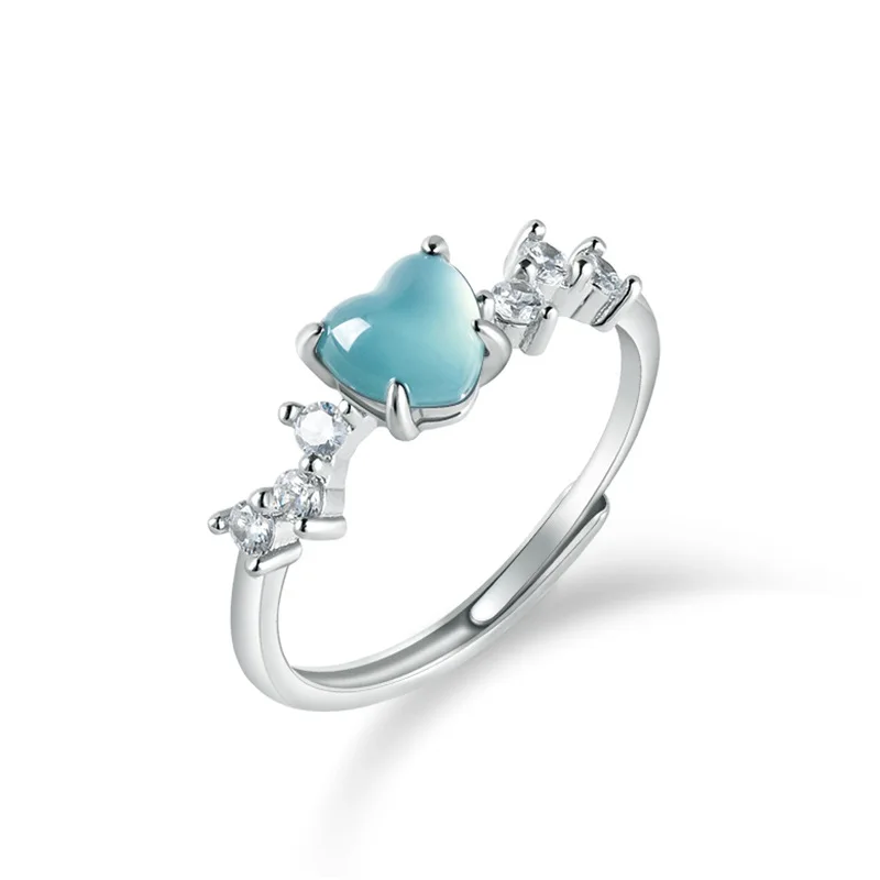 

A Blue Myanmar Jadeite Heart Rings Adjustable Ring Talismans Vintage Luxury Natural Burmese Jade 925 Silver Designer