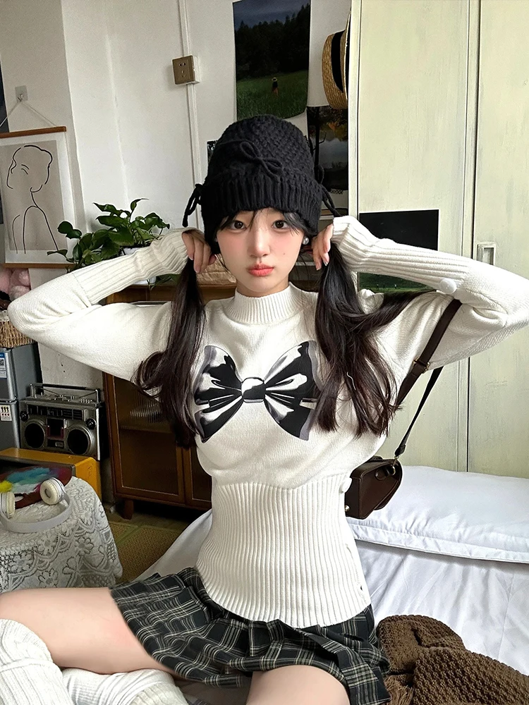 

Y2K Sweater Women Vintage Fashion Knitted Pullover Female Harajuku Print Long Sleeve Knitwear Autumn Winter Bow Slim Jumpers