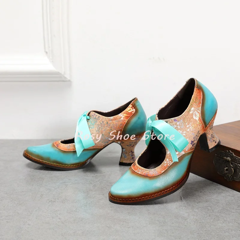 

Light Blue Leather Stitching Flower Special Craft Ethnic Style Single Shoes Denim Blue Front Silk Lace Up Small Chunky Heel Shoe