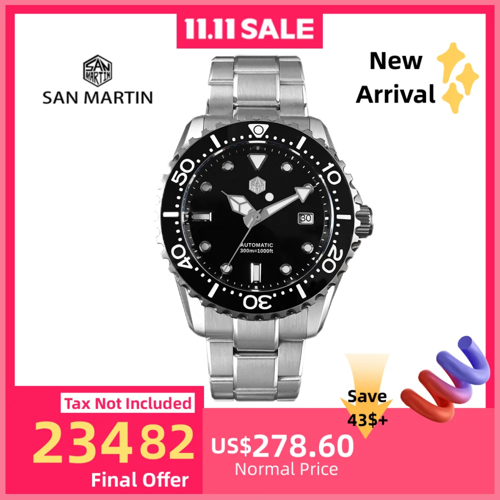 

San Martin 44 мм NH35 автоматические механические часы для дайвинга мужские 3H дата окно эмалированный циферблат браслет BGW-X1 30ATM Montre Homme SN0009B