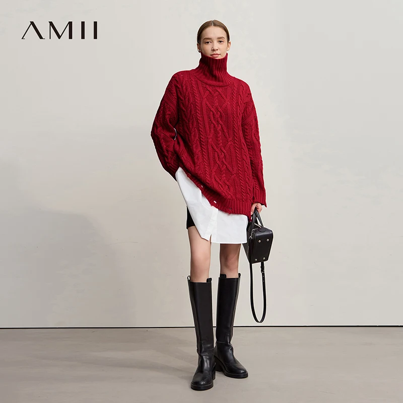 Amii الياقة المدورة البلوزات للمرأة 2025 شتاء جديد دافئ ريترو طويلة الأكمام سترة فضفاضة البلوز الحياكة المرأة أعلى 12544155