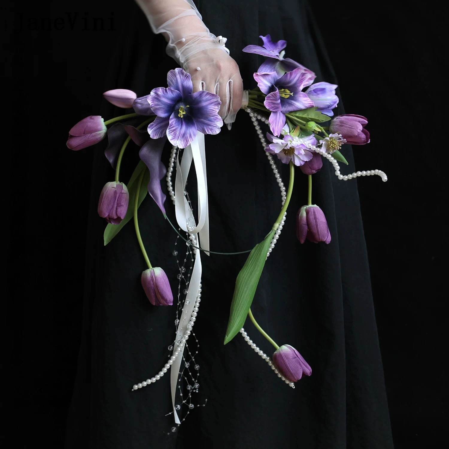 

JaneVini Purple Tulip Bridal Wreath Bride Bouquets Artificial Orchid Flowers Pearl Hoop Bohemian Wedding Bouquet Mariage Tombant
