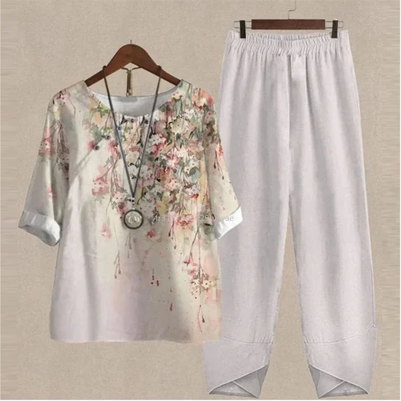 Summer 2 Piece Set Women Loose Short Sleeve Shirt Top High Waist Pants Flower Print Outfits Ladies Elegant Vintage Suit Fall