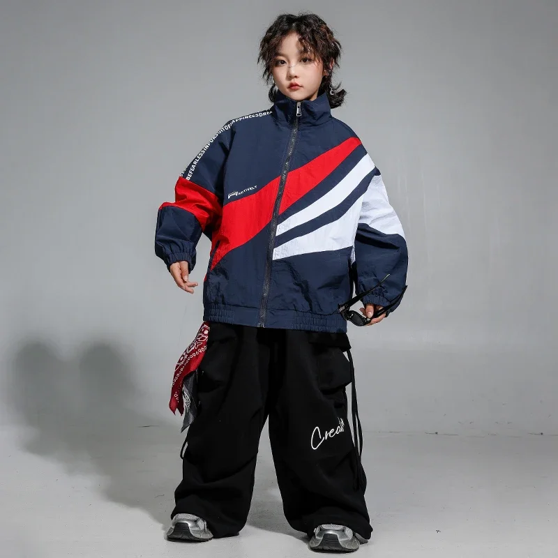 Chaqueta de contraste para niñas, Top corto de baile callejero Punk, pantalones vaqueros, conjunto de ropa de Hip Hop para niños, pantalones vaqueros de Jazz, ropa de calle para niños, disfraz