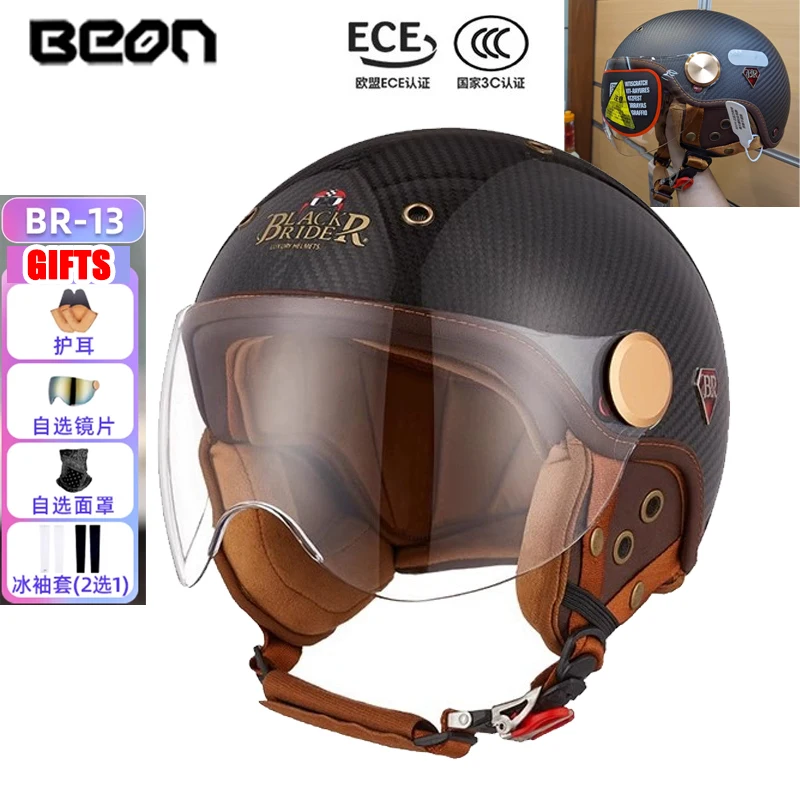

BEON BR-13 Motorcycle Riding Helmet Carbon Fiber Half Helmet 3/4 Helmet Dual Lens Men's and Women's Four Seasons Universal