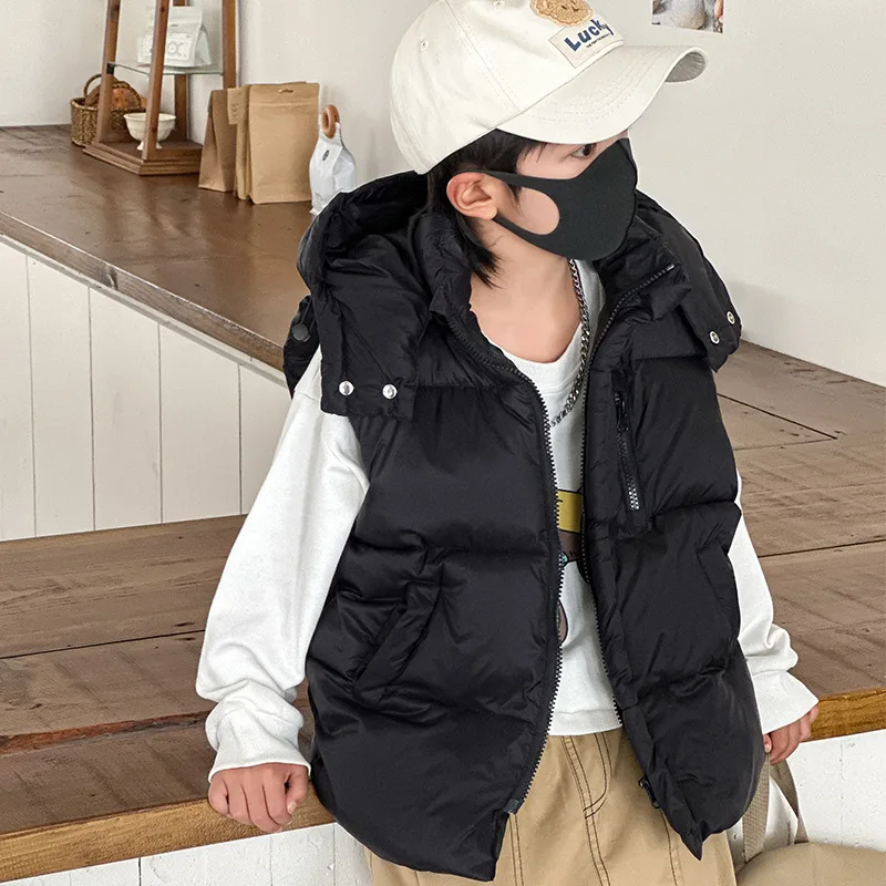 Children Down Vest Autumn Winter Black Sleeveless Warm Hooded Waistcoat Teen Boys Girls Lightweight Casual Outerwear