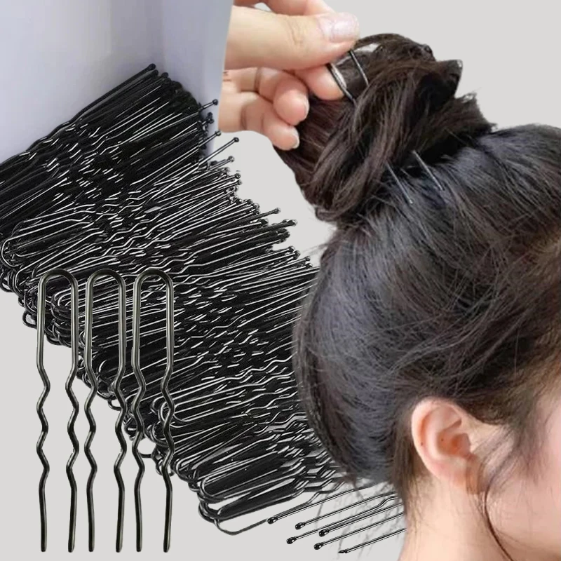 500/50pcs New Women Hair Waved U-Shaped Bobby Pin Barrette Salon Grips Clip Bridal Hairpins Black Metal Hair Accessories for Bun