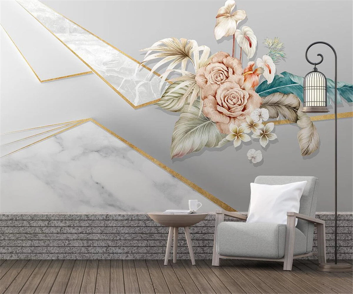 

Custom wallpaper modern fashion light luxury hand-painted leaves and flowers geometric bedroom living room background wall mural