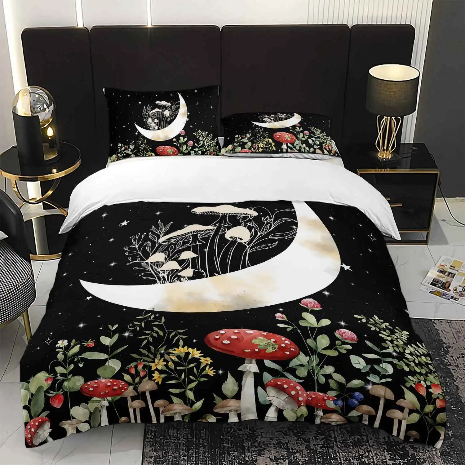 

3 шт., комплект постельного белья с луной и грибами, богемный ночной сад, комплект пододеяльников с цветочным рисунком, темный эстетический декор для спальни