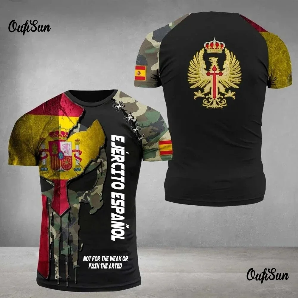 Military Style Camo Spliced T-shirt Spanish Flag Print Back Soldier Pattern Men's Casual Top