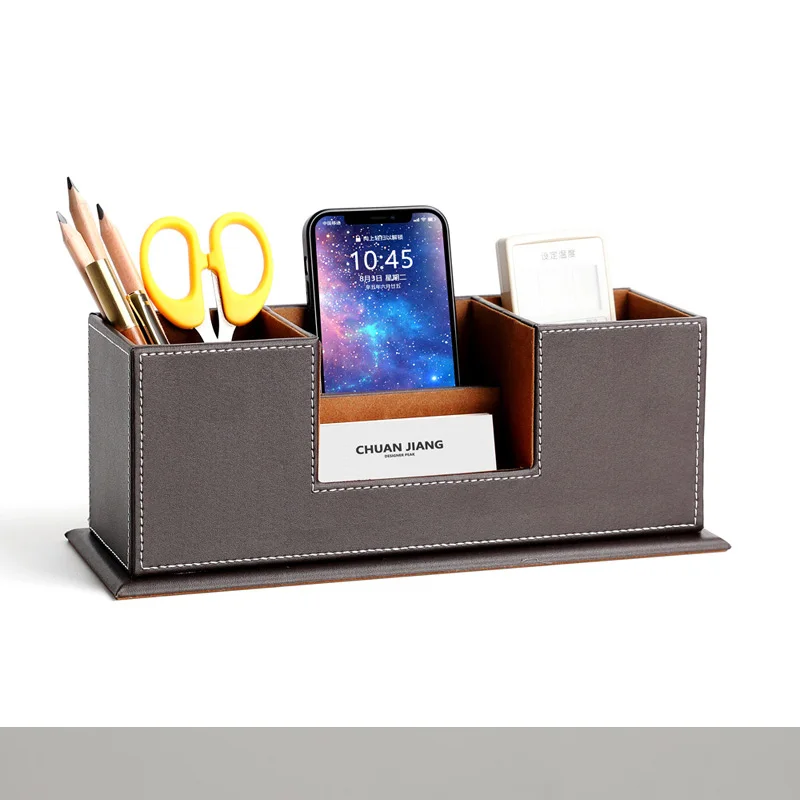 double-side wooden PU leather desk pen pencils box case mobile card organizer stationery accessories organizer storage rack 202A