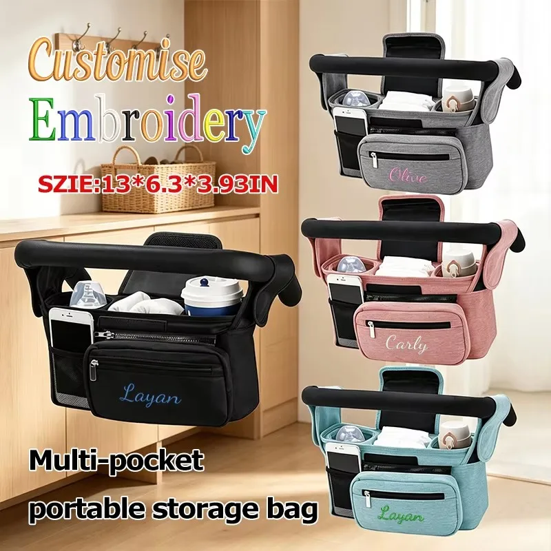 Custom Embroidered Stroller Organizer Bag Personalized Name Multi Pocket Baby Stroller Storage Bag Detachable Hanging Bag Gift