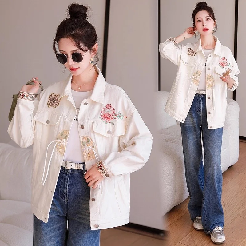 

New Chinese Style Embroidered Denim Jacket For Women In Spring And Autumn Design Tassel Buckle Top Tendy Coat w643