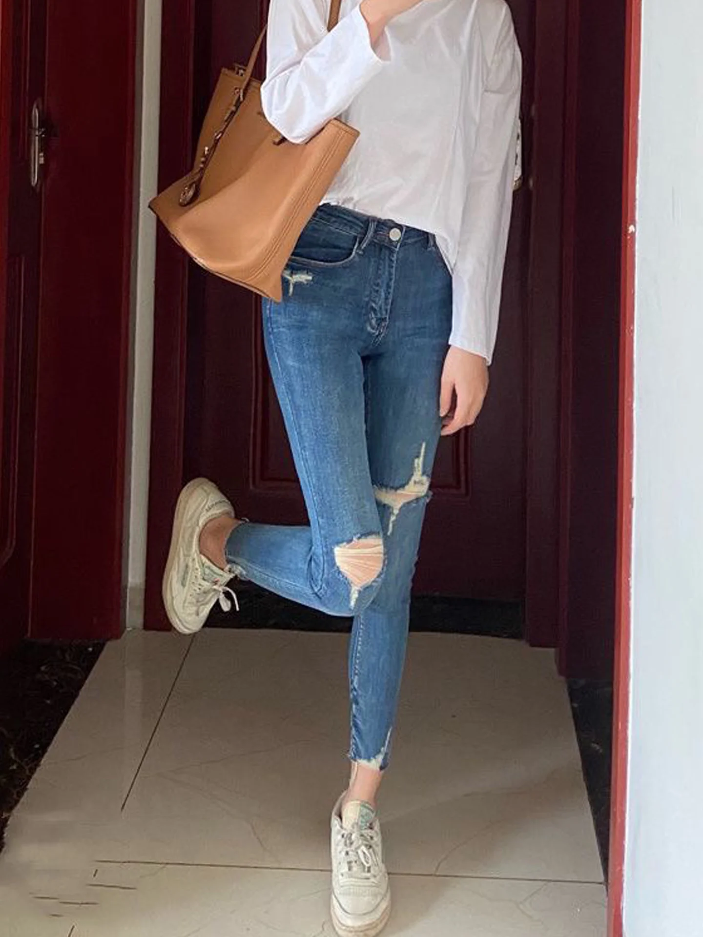 

Slim Fit High Waist Denim Jeans Women's Summer New Style Elastic Long Pants Pencil Shape Hole Design Casual Vintage Style