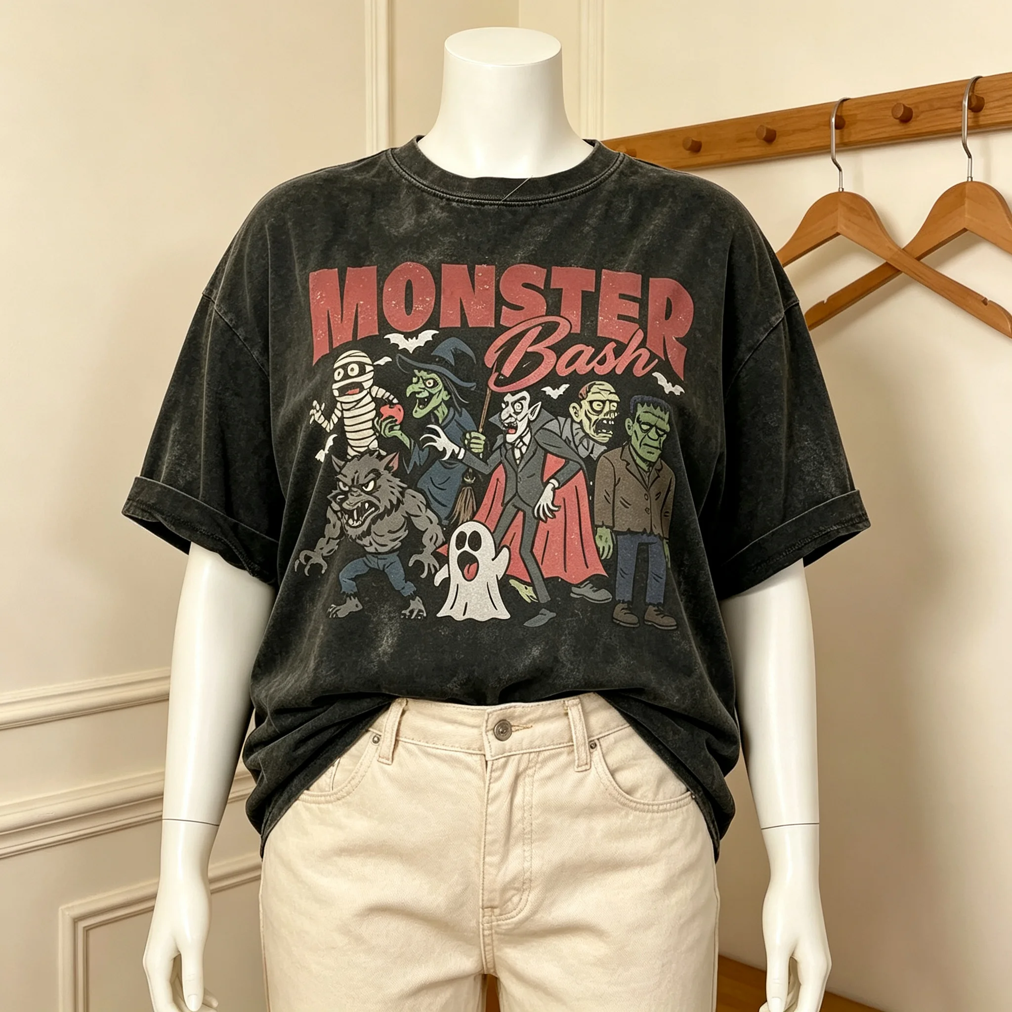 Unisex Halloween Monster Bash Graphic T Shirt Vintage Horror Character Print Short Sleeve Tee, Spooky Halloween Party Casual Top