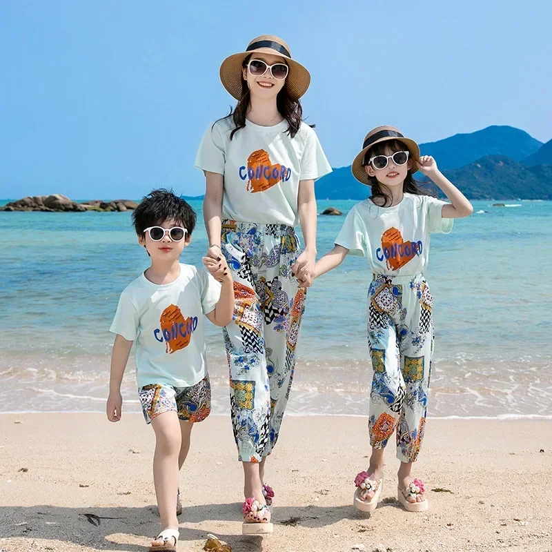 Vacation Couple Family Matching Outfits Clothes Beach Dad Son Tops Shorts Two Piece Suit Mom Daughter T Shirts Pants 2 Piece Set image 2