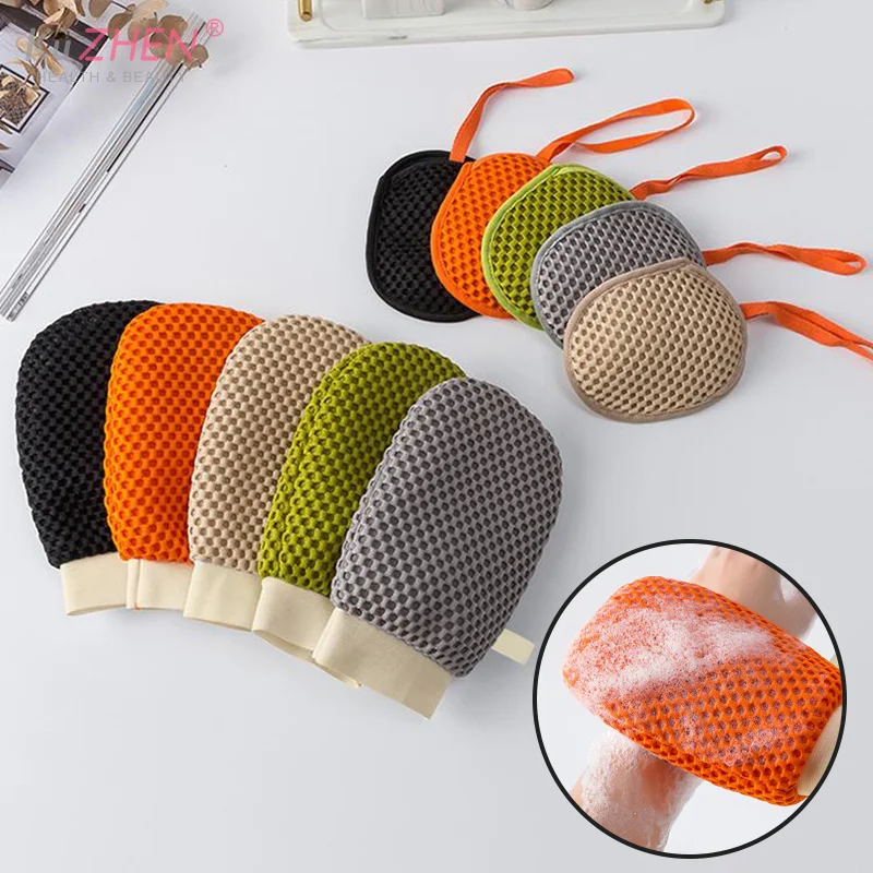 

2-в-1 перчатка из люфы для ванны, двухсторонняя для удаления омертвевшей кожи и грязи, перчатка для ванны, ткань для душа, сетка для толкания мыла, мешок для мыла, можно поставить мыло