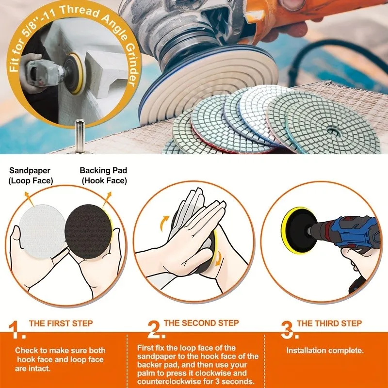 ​ ​ Kit di tamponi diamantati per lucidatura da 12 pezzi da 4 pollici (100 mm) a umido/secco per pietra di marmo, cemento, granito, con cuscinetto di supporto da 5/8"-11 ​