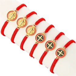 6Pcs San Benito Bracelets Women Men Red Rope Cord Adjustable Bracelet The Saint Benedict Medal Pendant Prayer Gift For Women Men